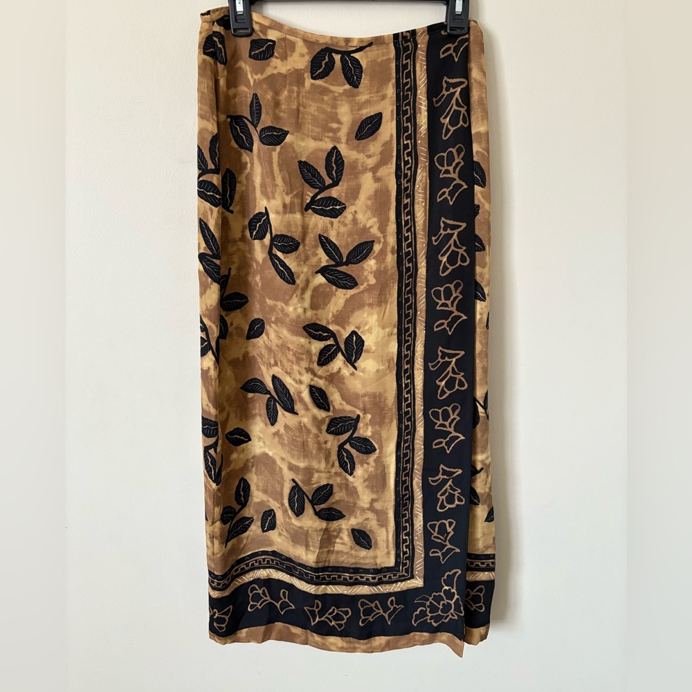 Y2K Vtg Josephine Chaus 100% Silk Midi Maxi‎ Wrap Skirt Size 10 Leaf BeigeBrown